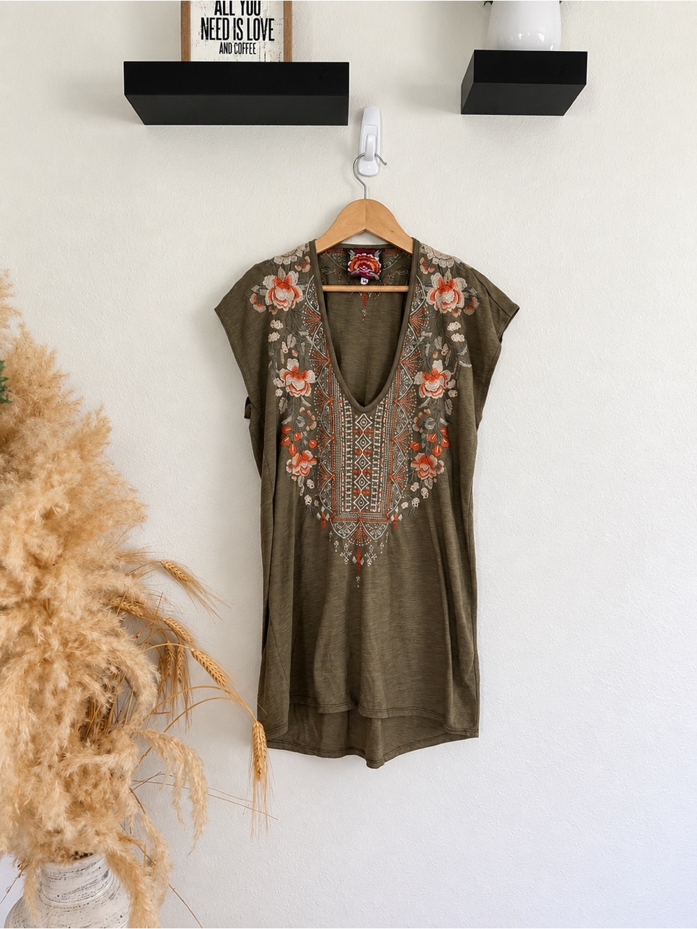 Johnny Was Olive Green V-Neck Tunic with Coral & Cream Embroidery